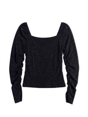 NWOT | Black Sheer Sparkly Glitter Long Sleeve Square Neck Blouse | Large
